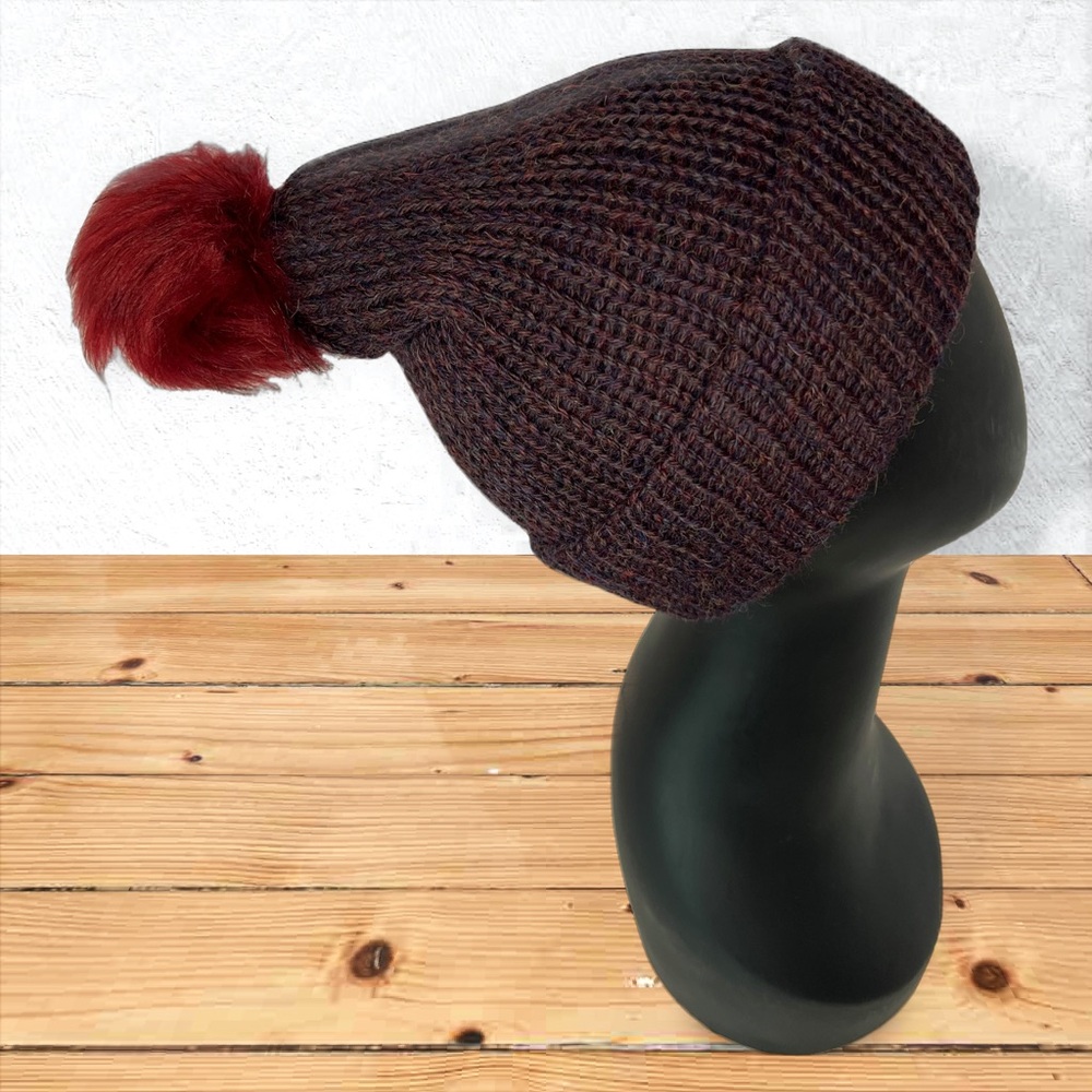 Handmade 100% Alpaca Knit Slouch Hat Beanie Borealis Blue Faux Rabbit Pom Pom - Picture 4 of 11